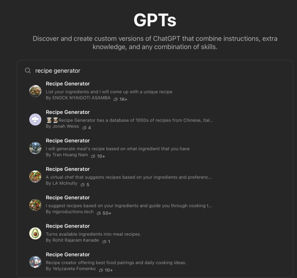 Chat GPT Recipe Generators